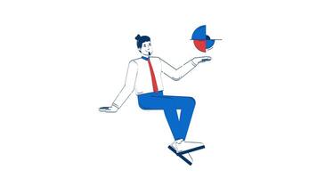 företags- data analytiker Sammanträde och innehav paj Diagram 2d karaktär klotter animation. företag man presenter segmenterad tårtdiagram animerad person på vit bakgrund. tecknad serie 4k teckning video