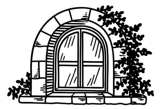 Arched stone window with climbing vines and lush foliage historic architecture, old masonry style, hand drawn graphic vector