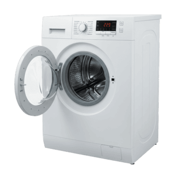 davanti Caricamento in corso bianca lavaggio macchina con Aperto porta e digitale Schermo. png