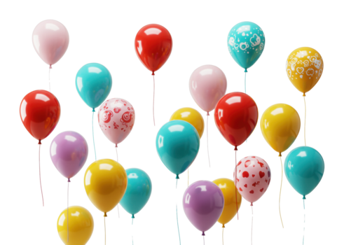 Vibrant colorful party balloons with patterns and solid colors on strings. png