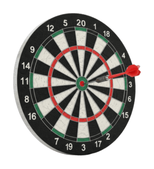 Dartboard with red dart in bullseye. png