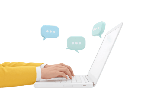 mecanografía en un ordenador portátil con habla burbujas flotando, simbolizando en línea conversacion y digital png