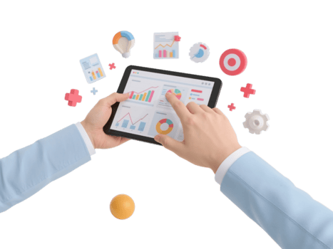 interactivo datos análisis en tableta con flotante infografia en un transparente espacio png