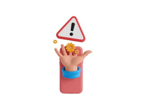 Alert system process with hand interacting gears and exclamation point inside triangle shape png