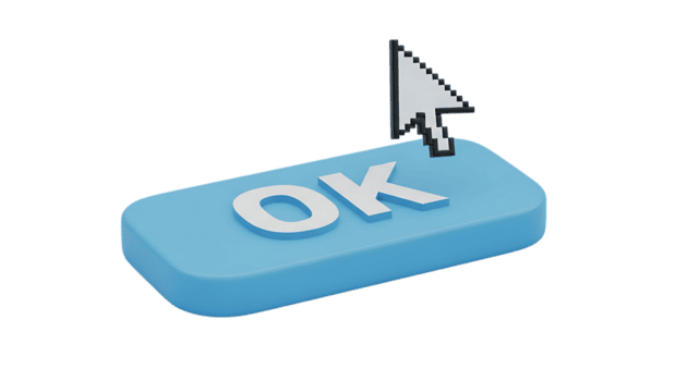 3d illustration of computer mouse cursor clicking on an ok button, isolated on transparent background png