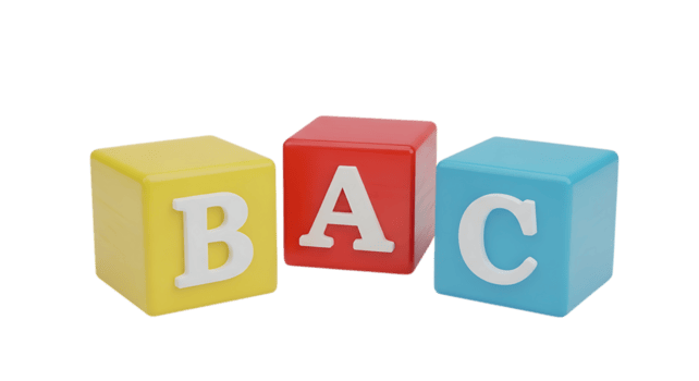 3d illustration of three colorful alphabet blocks with letters b, a, c isolated on transparent background png