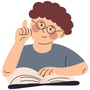 Boy with glasses sitting in front of an open book and raising his index finger as if he had an idea. Flat educational illustration for learning and curiosity themes. vector