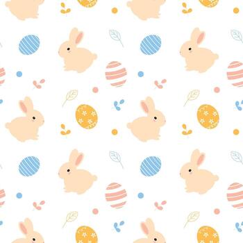 Seamless pattern with rabbits and Easter eggs on white background. Bunny pattern in beige color. vector