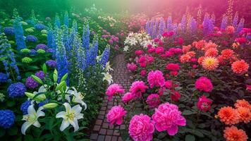 vistoso flores en un jardín con un ruta foto