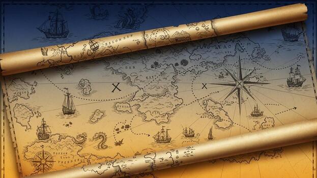 An old map with a scroll and a compass photo