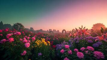 hermosa flores en el jardín a amanecer foto