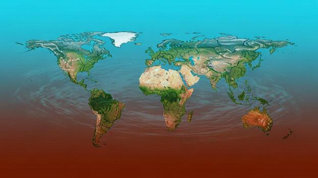 The world map is shown on a blue and red background photo