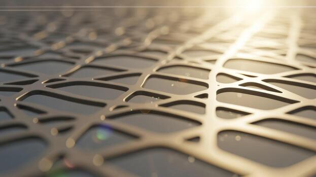 A 3d rendering of a metal mesh with a sun shining through it photo