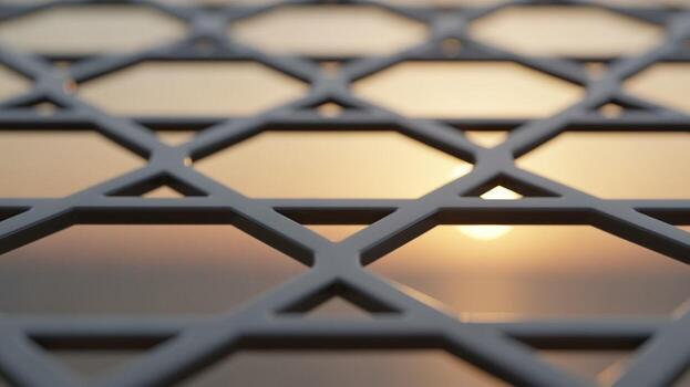 A lattice structure with the sun setting behind it photo