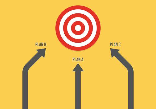 Target with three labeled arrows for Plan A, Plan B, and Plan C on yellow background representing multiple strategies, decision making, business planning, goal achievement, and problem solving vector