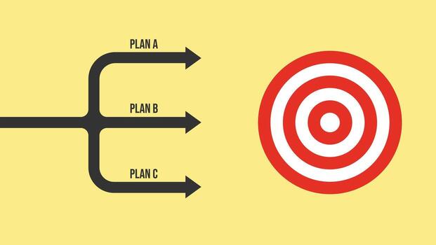 Target with three labeled horizontal arrows for Plan A, Plan B, and Plan C symbolizing alternative strategies, business planning, decision making, goal achievement, and problem solving vector