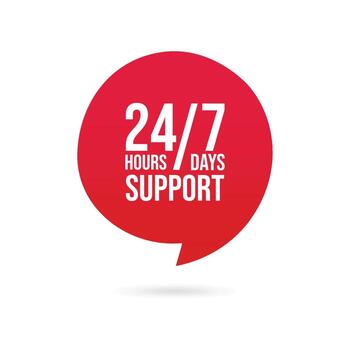 24 7 hours days support icon in red speech bubble design representing nonstop customer assistance, technical help, and continuous service availability vector