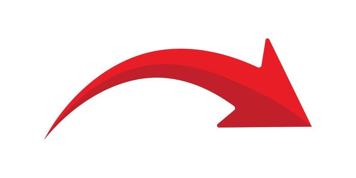Curved red arrow pointing right, symbolizing direction, guidance, movement, navigation, progress, and forward action on a plain white background. vector