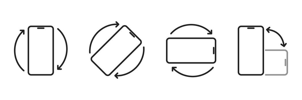 Smartphone rotation icons showing different screen orientation changes with arrow symbols for mobile devices, responsive design, and user interface concepts vector