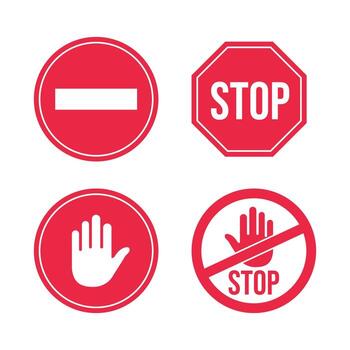 Set of red prohibition and stop signs including no entry, octagon stop, hand symbol, and stop with slash mark representing restriction, warning, road safety, and regulation concepts vector