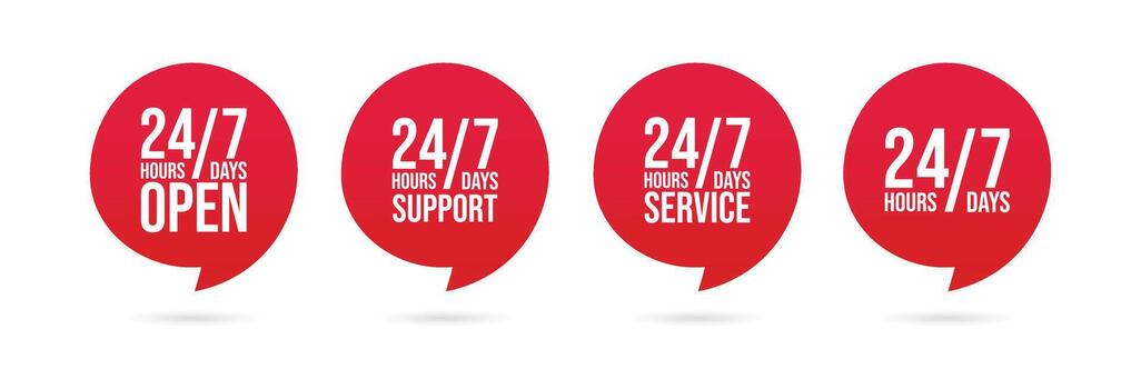 24 7 icons in red speech bubble shapes with open, support, service, and generic text representing around the clock availability, customer service, and business operation concepts vector