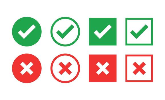 Green check mark and red cross icons in circle and square shapes representing approval, rejection, correct, incorrect, yes, and no concepts for user interface and design purposes vector