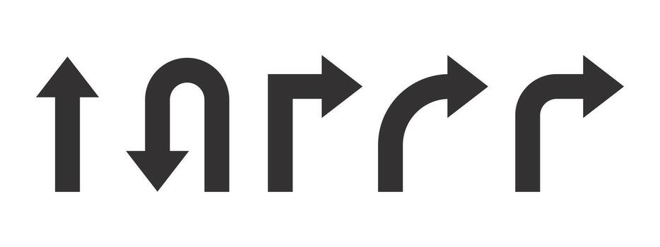 Set of black directional arrow icons showing straight, U-turn, right turn, curved right, and slight right navigation signs representing movement, guidance, and route directions. vector