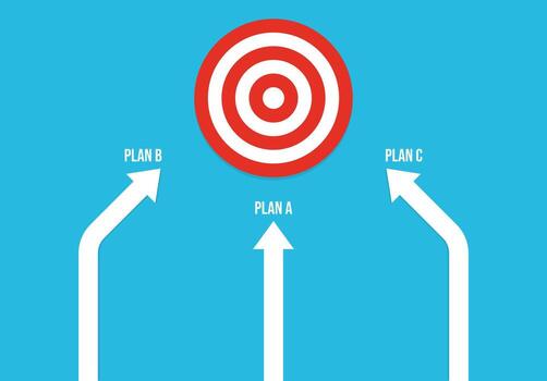 Target with three labeled arrows showing Plan A, Plan B, and Plan C symbolizing multiple strategies, decision making, business planning, goal achievement, and problem solving vector