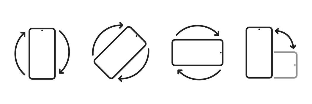 Smartphone rotation icons with front camera hole showing vertical, horizontal, and angled screen orientation changes with arrows for mobile devices, responsive design, and user interface concepts vector
