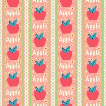 A repeating pattern of apples and the word 'Apple' on a floral background vector
