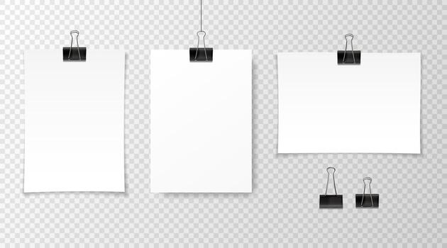 Realistic blank sheets of paper with clip hanging on paperclip. White poster or notepad page with shadow in A4 format. Design template, mockup. vector
