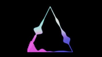 Abstract sound wave equalizer visualization forming a triangle shape with neon gradient colors on a black background, representing audio pulse and digital music video