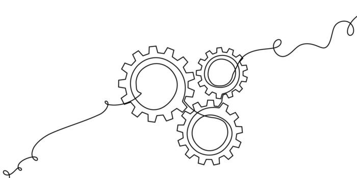 engranaje línea continuo Arte uno icono diente trabajo negocio fábrica rueda. continuo engranaje línea contorno ajuste computadora rueda dentada tecnología bosquejo dibujo Ciencias carrera máquina cerebro antecedentes. vector