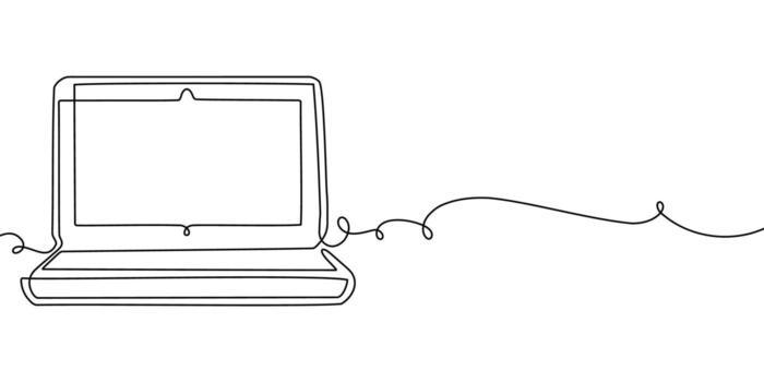 Line laptop continuous pc computer screen office work art outline illustration. Continuous line laptop single doodle notebook desktop typing business icon monitor digital email data technology. vector