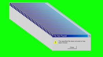 Animation of Computer Window with File Not Found Message in a Row on Green Background video