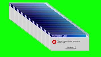 Animation of Computer Window with Connection Lost Message in a Row on Green Background video