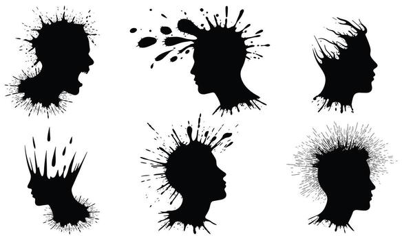 Abstract Human Head Silhouettes Exploding With Ink Splatters And Liquid Effects vector