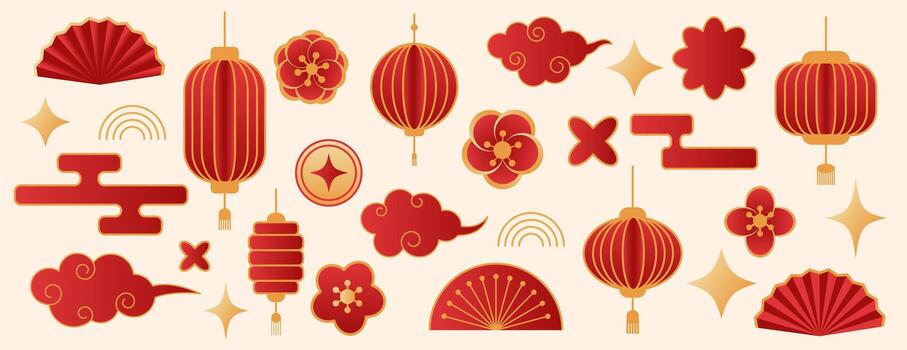 Chinese New Year Traditional Elements Set with Lanterns and Clouds vector