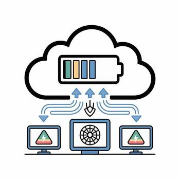 Partially Charged Battery Icon Inside a Cloud Shape Data Transferring to Two Desktop Computers Displaying Low Battery Warning Icons Energy Optimized Cloud Computing System vector