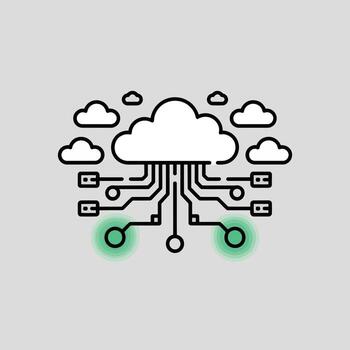 Network Cloud Computing Minimalist Illustration Featuring a Large Central Cloud Connected to Smaller Clouds via Circuit Board Style Lines and Circular Connectors Light Green Accents vector