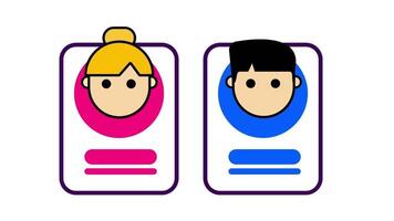 dos perfil tarjetas presentando masculino y hembra avatares realce personal identidad, en línea presencia, y usuario Interacción video