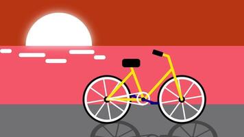 en gul cykel vilar i de fading ljus av solnedgång, gjutning en lugn och nostalgisk humör med dess värma och mjuk bakgrund färger video