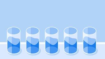 Four identical glasses, each containing water, are lined up evenly to create a sense of symmetry, repetition, and orderly composition video