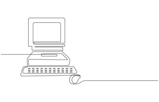 Old Computer continuous one line art drawing,Old classic computer sitting on an art deco retro desk vector