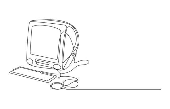 Old Computer continuous one line art drawing, vector