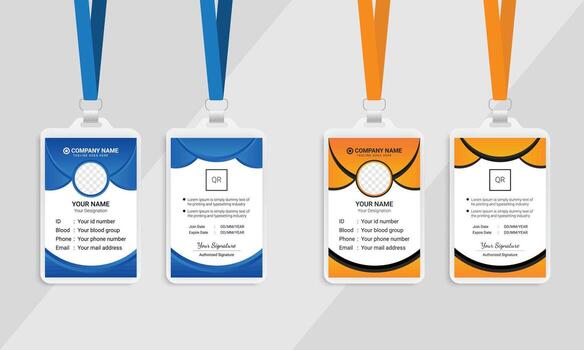 Set of tow color identification cards with lanyards, two blue and two orange, isolated on white background vector