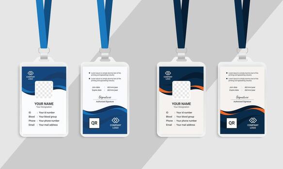 Collection of four modern identification badges with blue lanyards, showcasing different designs and customizable photo spaces for corporate or event use vector