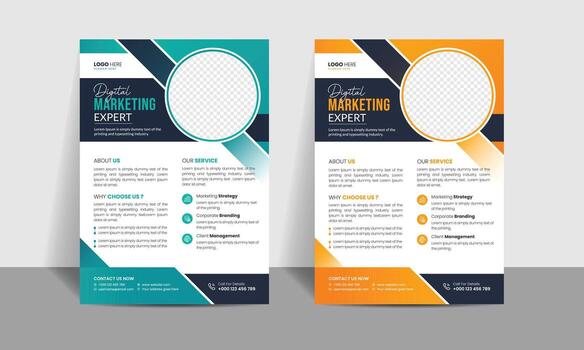 modern business marketing flyer templates with circular image placeholders and geometric shapes in teal and orange color schemes vector