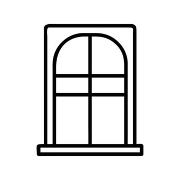 A black outline depicts a stylized window frame with rounded top, white background vector