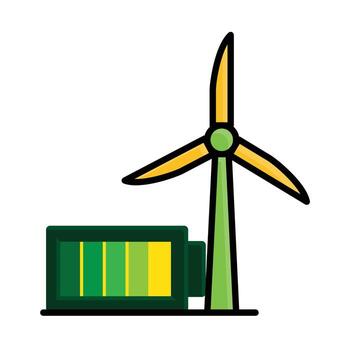 Renewable icon. Sustainability . Wind turbine with battery. net zero, green energy, web icon. Isometric design style vector